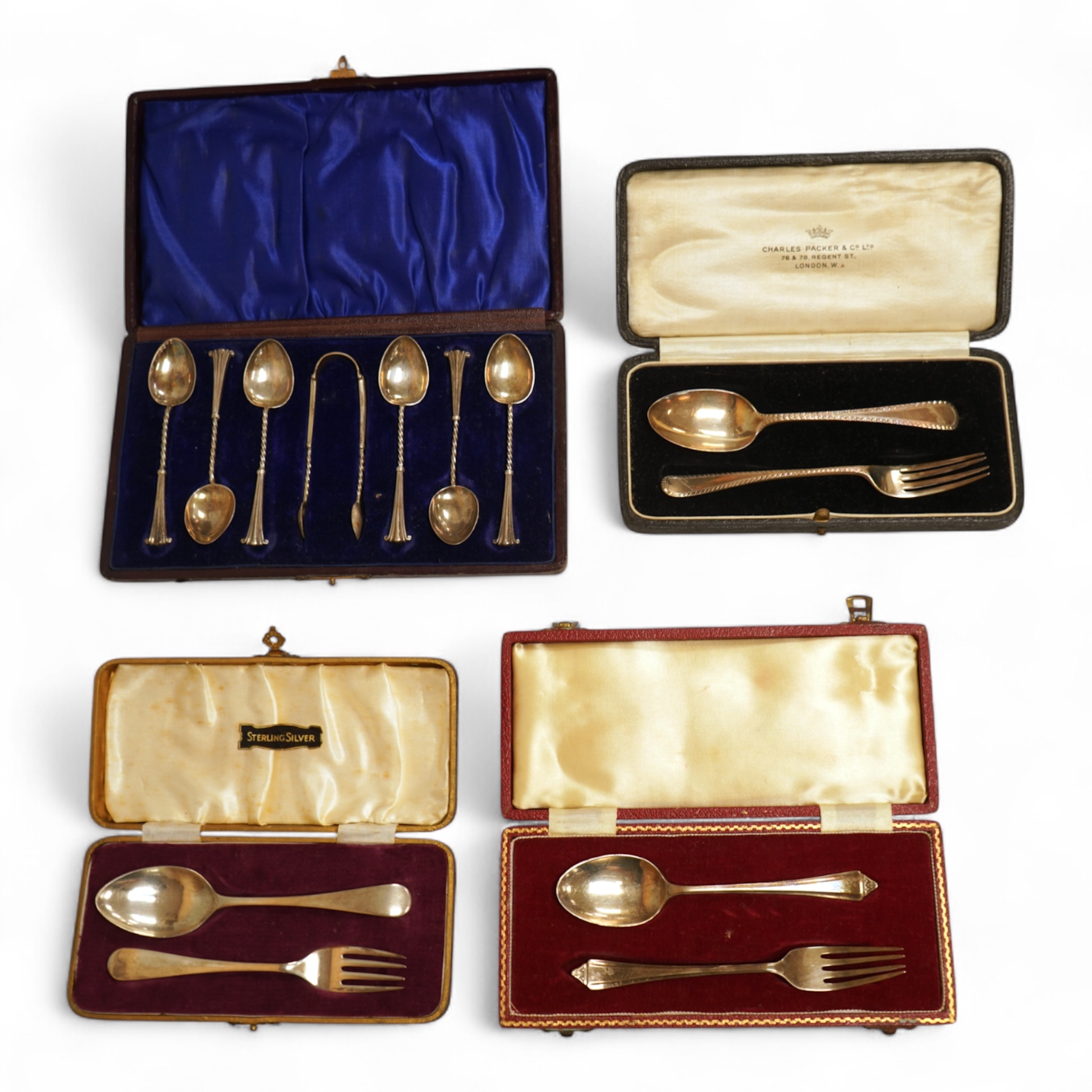 A cased set of six late Victorian silver teaspoons and matching sugar tongs, Miller Bros. Birmingham, 1900, together with three cased silver christening pairs.